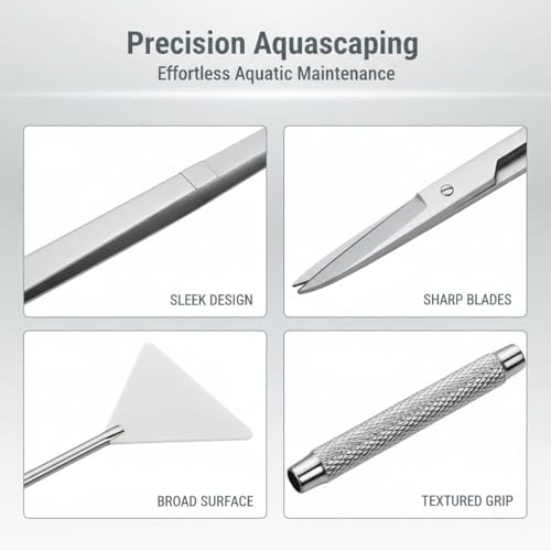 6 Pcs Stainless Steel Aquascaping Tools Kit for Aquarium Plant Care, Algae Scraper, 15 in / 38 cm Tweezers, 11.8 in / 30 cm Scissors, 12.6 in / 32 cm Sand Spatula, Acrylic Holder, Silver