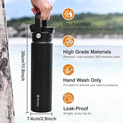 24 oz Insulated Water Bottle, 2-in-1 Lid, Straw & Spout with Protected, Leak Proof, Keep Cold 24H, Cup Holder Fit, Stainless Steel, Metal, Reusable, for Travel, Gym and School, 2 Lids, Midnight Black - color: Midnight Black, size: 24 Ounces