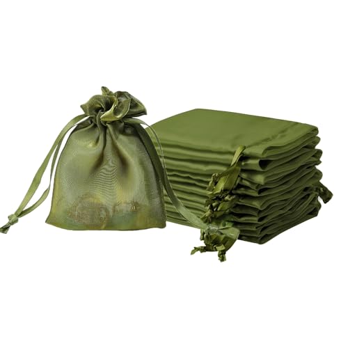 QIANF 20 Pcs Moss Green Small Organza Bags 3X4 inch for Wedding Favors with Drawstring, Mini Mesh Gift Bags Jewelry Pouch for Candy Bridal Shower Party Favor Baby Shower Christmas - color: Moss Green, size: 3x4"