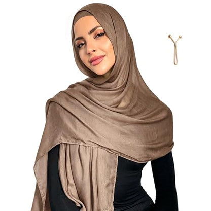 Jersey Hijab Scarf for Women,Lightweight Muslim Turban Head Scarf Modal Feel Hijab Coverings for Prayer with Clip - color: Brown
