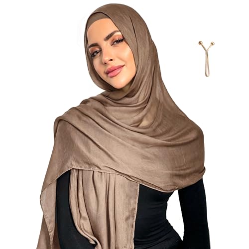 Jersey Hijab Scarf for Women,Lightweight Muslim Turban Head Scarf Modal Feel Hijab Coverings for Prayer with Clip - color: Brown