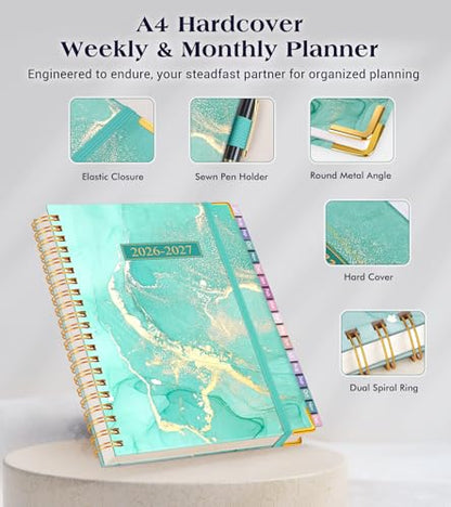 Academic Planner 2026-2027, 18 Months Weekly and Monthly Hardcover Planner, July 2026 - December 2027, 8.5" x 11" A4 Large Daily Calendar Planner Book with Tabs, Spiral College School Agenda Organizer for Student Teacher, Teal Marble - color: Teal Marble,