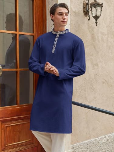 Runcati Mens Cotton Kaftan Robe Long Sleeve Button Down Henley Shirts Thobe Casual Side Split Gown Shirt - color: Navy, size: X-Large