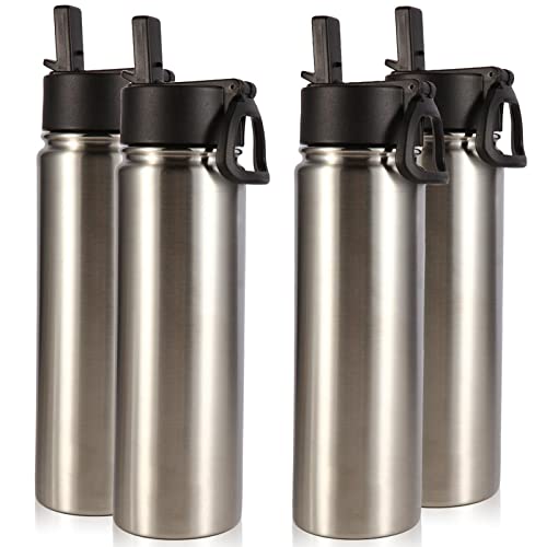 Volhoply Insulated Water Bottles with Straw Bulk 4 Pack, 22 oz Stainless Steel Sports Bottle with Handle Lid, Double Walled Vacuum Travel Water Cups with Wide Mouth for School Hiking(Silver,4 Set) - color: Silver