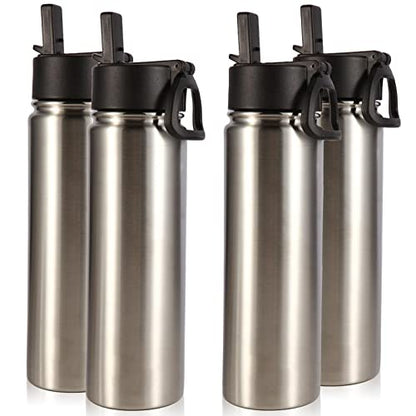 Volhoply Insulated Water Bottles with Straw Bulk 4 Pack, 22 oz Stainless Steel Sports Bottle with Handle Lid, Double Walled Vacuum Travel Water Cups with Wide Mouth for School Hiking(Silver,4 Set) - color: Silver