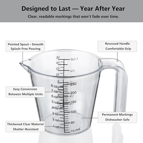 1 Cup (250ml) Measuring Cup, Laser-Etched oz/cup/mL/Tbsp, Small Plastic Measuring Cup with Handle for Baking, Hair Color & Resin - size: 01 - 8 fl oz (1 Cup)