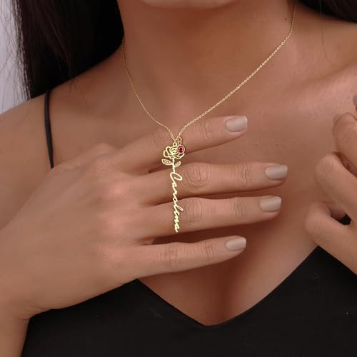 Elemtansy Custom Name Necklace with Birth Flower, Personalized Jewelry Necklaces for Women, 18K Gold Name Plate Necklaces Personalized Mothers Day Birthday Gifts for Women Sister Best Friend - color: 2-Name with Birth flower&Birthstone