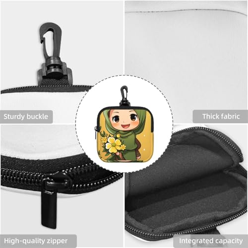 Small Neoprene Pouch, Mini Portable Makeup Bag With Carabiner Keychain Waterproof Travel Coin Purse Storage Bag Cartoon Muslim Girl Clutch Cosmetic Organizer For Women