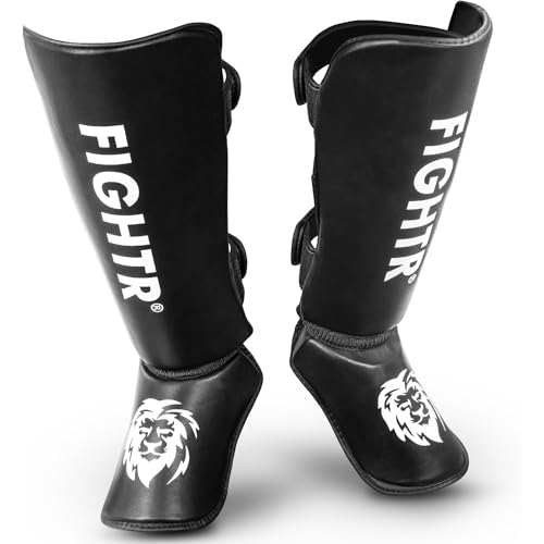 FIGHTR® Shin Guards - with a and Ideal Padding | Thick shin Protection for Kicks in Kickboxing, MMA, Muay Thai and Other Martial Arts - color: Black White, size: Medium