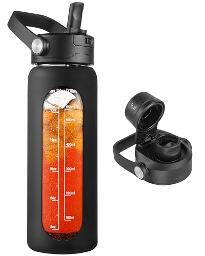 CIVAGO 24 oz Glass Water Bottle with Detachable Straw and Time Maker | Motivational Large Flask Cup with Handle, Leakproof Lids, Wide Mouth, Silicone Sleeve, Tumbler for Juice, Black - color: Black, size: 24 Ounces