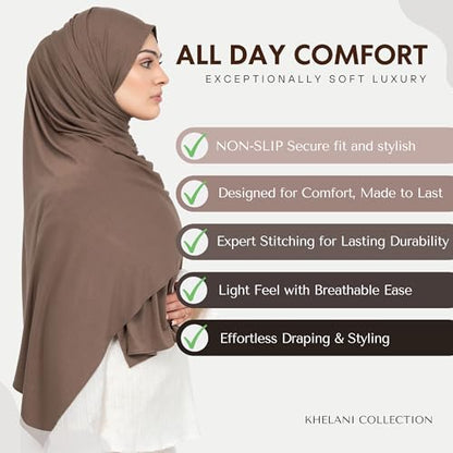 KHELANI Premium Modal Jersey Hijab, Luxury Lightweight Non Slip Stretchy Jersey Head Scarf for Muslim Women, Soft Shawls Wrap - color: Mocha Brown