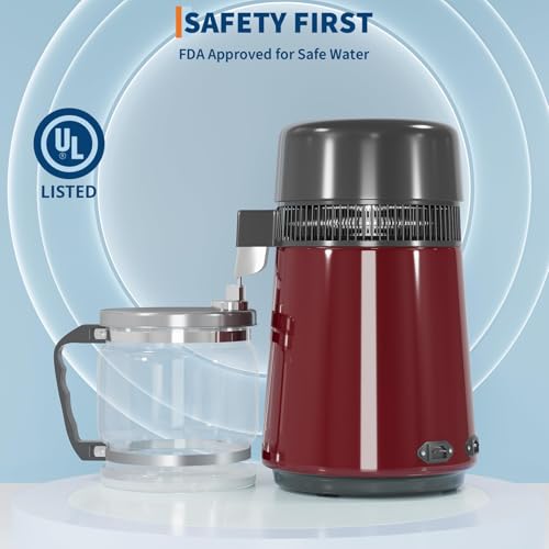 4L Countertop Stainless Steel Distilled Water Purifier, Distilled Water Making Machine with Glass Container, Ideal for Household, Workplace, Lab, and Aquarium Usage-Red - color: Red
