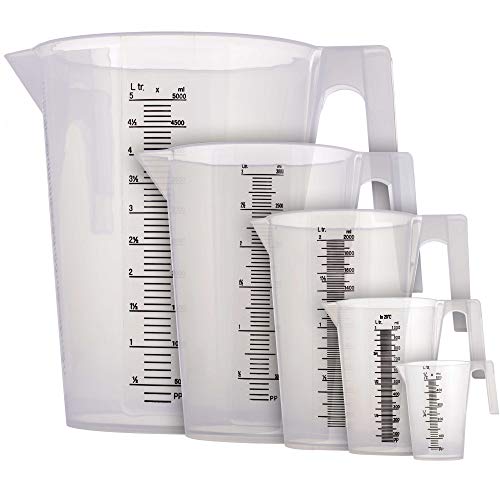 TCP Global 5 Piece Set of Plastic Graduated Measuring and Mixing Pitchers - 500, 1000 Quart, 2000, 3000, 5000 ml Gallon Sizes - Pouring Cups, Measure & Mix Paint, Resin, Epoxy, Kitchen Cooking Baking - size: 500-5000ml Set