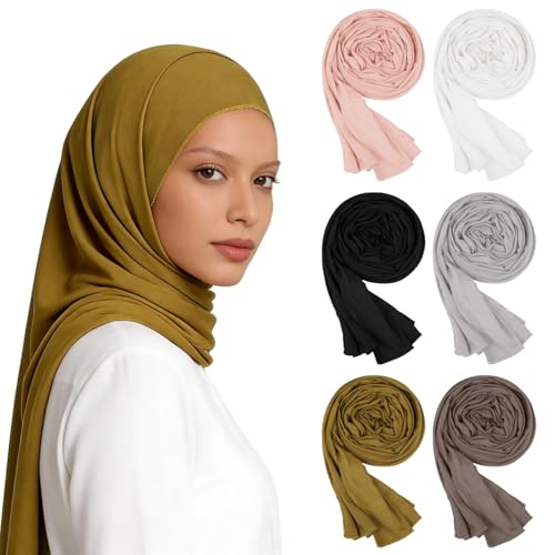 ZALIR 6 Pcs Women Muslim Head Scarf, Smooth Jersey Hijab Wrap, Solid Color Head Coverings, Long Soft Shawl for Daily Wear