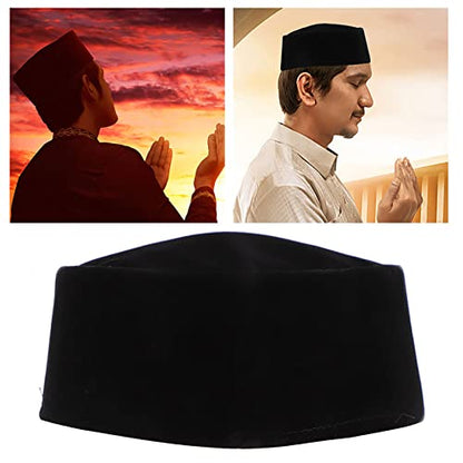 Mens Muslim Hat 59cm Breathable Skull Cap Black Southeast Asian Malay Islamic Worship Soft Golden Velvet Hat Male Head Cap Muslim Kufi for Men Adult
