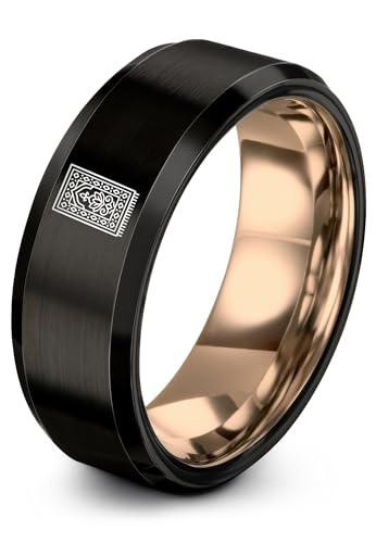 Gift for Muslim Devotee - Prayer Rug Pattern Ring - Black Yellow Rose Gold - Band - Anniversary Wedding - Personalized Custom Engraving - Flat Dome Bevel - 8mm - Men Women - Tungsten Carbide - color: 12 - Rose Gold Black Tungsten