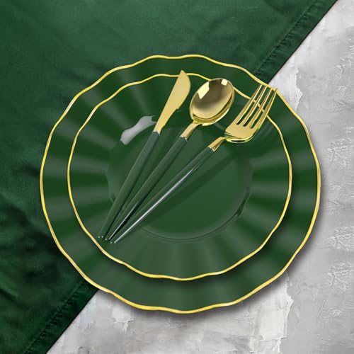 150Pcs Plastic Plates with Gold Rim,Heavy Duty Green Plates for 30 Guests,Plastic Dinnerware Set Include 30 Dinner Plate,30 Dessert Plate,90 Gold Cutlery Set for Party (Green) - color: Green