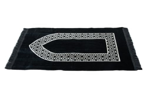 ihvan online Luxury Velvet Muslim Prayer Rug, Janamaz, Thick Soft Sajadah, Portable Travel Prayer Carpet Mat, Islamic Gift for Eid, Ramadan, Hajj & Umrah, Black - color: Black