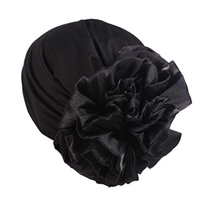 Women Flower Elastic Turban Beanie Head Scarf wrap Chemo Cap hat for Cancer Patient - color: Black