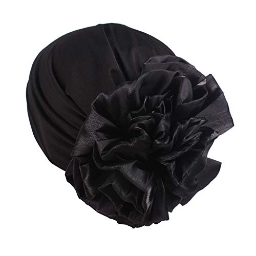 Women Flower Elastic Turban Beanie Head Scarf wrap Chemo Cap hat for Cancer Patient - color: Black