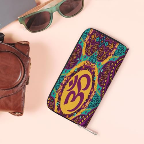 Indian-Inspired Om Symbol Mandala PU Leather Long Wallet for Women Men, Zipper Clutch Wallet RFID Card Holder Organizer - color: Indian-Inspired Om Symbol Mandala