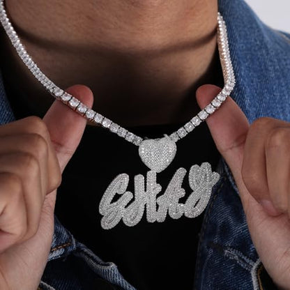 Lulu Mel Iced Out Personalized Cursive Name Necklace For Trendy Women, Custom Handmade Nameplate Pendant With Cuban Link Chain, White Gold Plated Hip Hop CZ Diamond Jewelry Gifts - color: Silver/Heart Hook