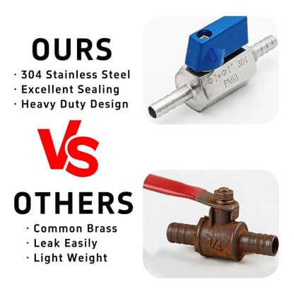 1/4” 304 Stainless Steel Mini Barb Ball Valve, Hose Shut Off Valve with Clamps, Corrosion Resistant Shut-Off Switch for Water, Gas, Fuel, Drip Irrigation, Aquariums - size: 1/4”