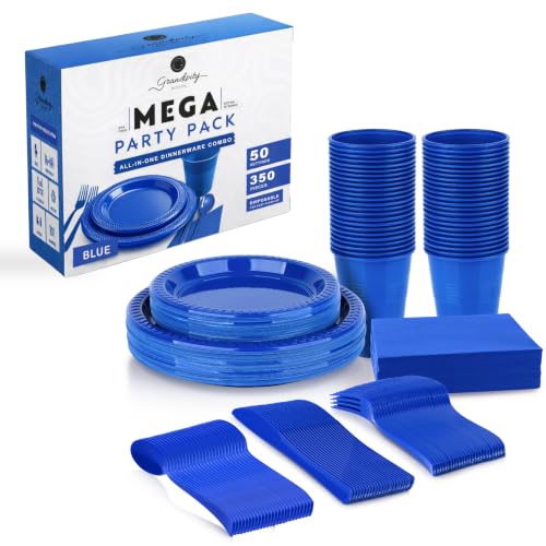 Grandipity Disposable Plastic Dinnerware Sets for Parties (350 pcs) - color: Blue, size: 50 Guests (350 PCS)