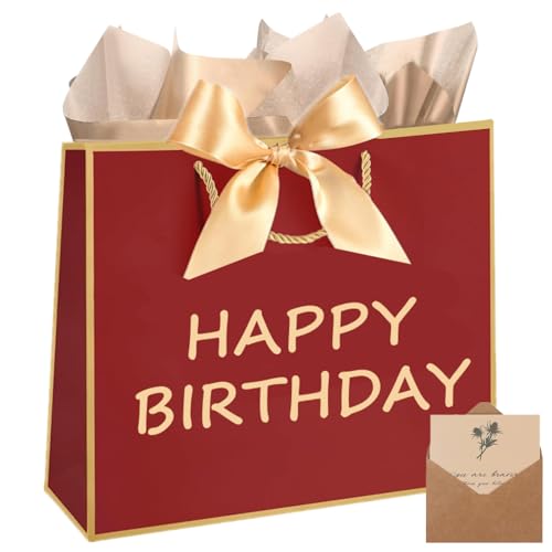 Topaliving Personalized Gift Bag with Card and Tissue Paper, 26 Letters Birthday Gift Bag 13'' Custom Valentines Weddings Present with Initials/Numbers for Women Men Kids (Red,Birthday) - color: Red, size: Birthday