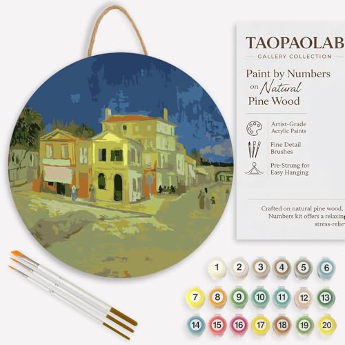 Van Gogh Style The Yellow House Paint by Numbers Kit for Adults on Wood Board – DIY Arles Street Wood Craft Painting Kit, 12 in Round, Acrylic Paint Set, Beginner-Friendly, Relaxing Home Decor Gift - color: FM11196