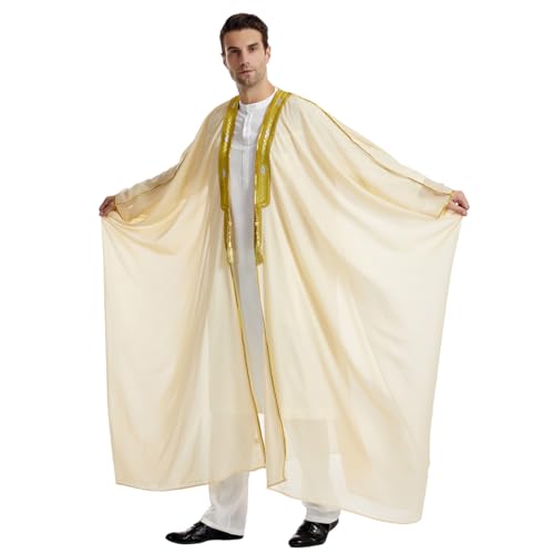 FYMNSI Men's Robe Muslim Clothes Kimono Loose Abaya Dresses Long Sleeve Embroidered Chiffon Kaftan Casual Formal Dubai Thobe - color: Beige, size: Large