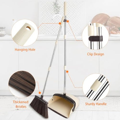 Broom and Dustpan Set, Dustpan Combo with 51" Stainless Steel Long Handle Brooms with 5-Layer Soft Bristles for Home Office Kitchen Bathroom(Beige) - color: Beige