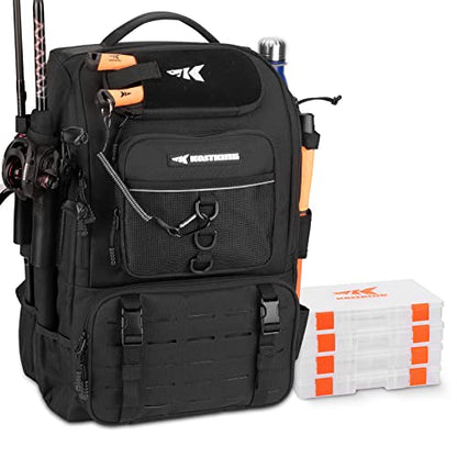KastKing KarryAll Fishing Backpack with Rod Holder 4 Tackle Boxes, 40/26L | Tackle Bag Storage Fishing Gear and Equipment, Water‑Resistant Material, Fishing Gift for Men - color: A: Large (40 L) - Black