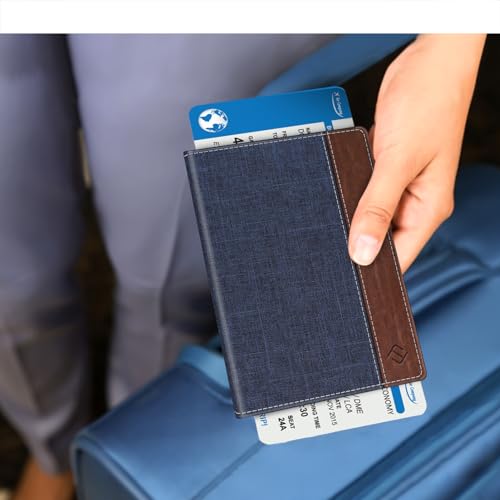 FINTIE Passport Holder, Slim Travel Wallet RFID Blocking Card Case Cover - color: Denim Indigo Brown