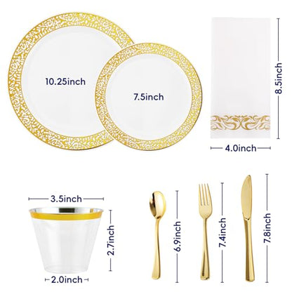 210 Count Gold Plastic Dinnerware, Gold Disposable Plates, Includes: 30 Dinner & 30 Dessert Plates & 30 Cups & 30 Paper Napkins & 30 Plastic Silverware Set -for Thanksgiving, Christmas, Parties - color: Gold