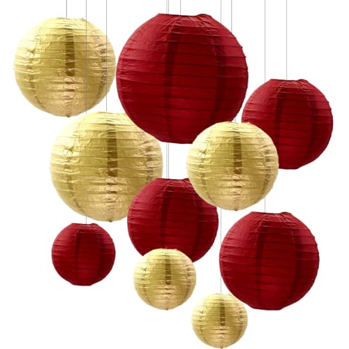 ZOOYOO 10Pcs Paper Lanterns,Red Gold Round Hanging Tissue Paper Lanterns Decorations for Birthday,Wedding,Harvest,Christmas,Valentine's Day Party Fall Garden Home Decor - color: Red Gold