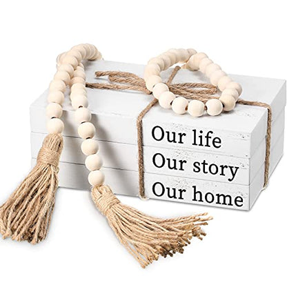Jetec Decorative Books for Home Decor White Faux Farmhouse Stacked 3 Pieces Gift for Mother Teachers Friends Family for Coffee Tables Shelves with Wood Bead Tassels 58 Inch - style: Our Life, Our Story, Our Home