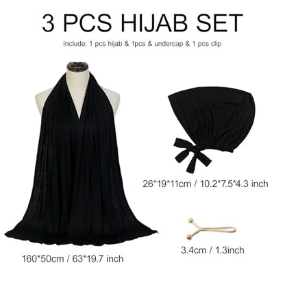 Hijab Scarf for Women, 3PCS Set with Undercap and Hijab Clip Lightweight Modal Muslim Head Wrap Scarf for Daily - color: Sy1-black Hijab+black Undercap