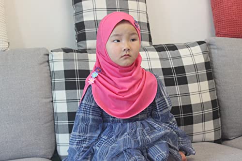 Girls Instant Hijab – Soft Kids Muslim Scarf with Flower, Breathable One-Piece Headscarf for Toddlers Age 2-8 - color: Rose Red