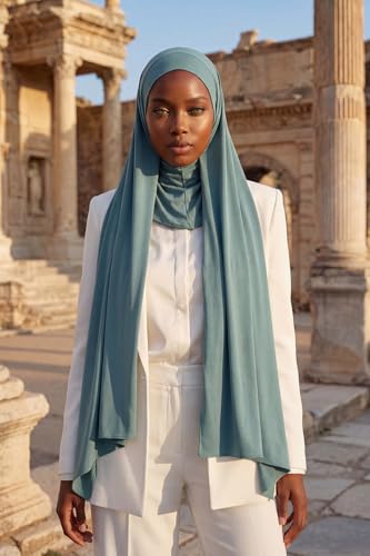 Aisha's Design Neck-Covering Practical Jersey Hijab with Built-In Ninja Bonnet - color: Dark Mint
