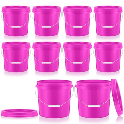 Tioncy 10 Pcs 2 Gallon Plastic Buckets with Lids and Handles,Pink | Storage Pails for Paint, Cleaning, Organizing, Durable Containers, Metal Handles, Plastic Material - color: Pink