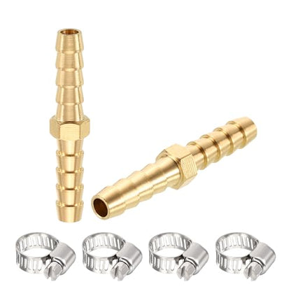 2 Pack Brass Hose Barb to Adapter with 4Pcs Stainless Steel Hose Clamp, 1/4" Barb x 1/4" for Industrial, Automotive, Fluid, Home Gardening, and Water Treatment - size: 1/4" Barb To 1/4" with Hose Clamp
