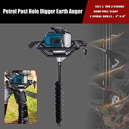 Auger Post Hole Digger, Gas Powered Earth Post Hole Digger Post Holes Earth Digger Petrol Drill Borer Bulb Planting Drill Fence Hole Maker Machine (52CC 2.3HP 1.7KW) - size: 52CC 2.3HP 1.7KW