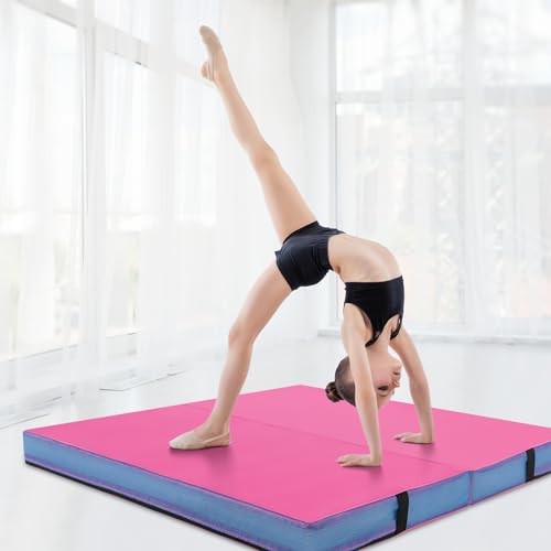 Giantex 4" Thick Folding Gymnastics Mat, 4' x 4' Bio-Folding Exercise Mat with Carry Handles & PU Leather Cover, Gym Home Tumbling Mat for Kids, Yoga, Fitness, Pilates & Martial Arts - color: Pink