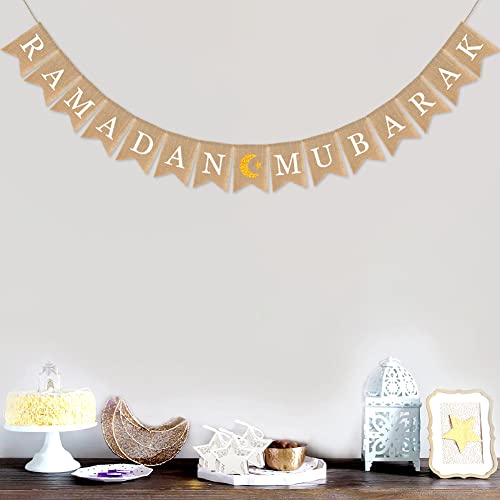 Burlap Ramadan Banner - Rectangular, Brown, Beige - 78 Inches - color: ramadan mubarak