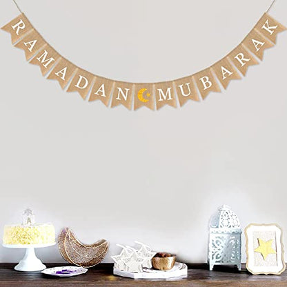 Burlap Ramadan Banner - Rectangular, Brown, Beige - 78 Inches - color: ramadan mubarak