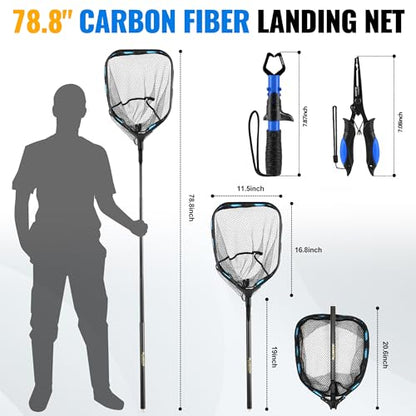 PLUSINNO Floating Fishing Net with Telescoping Handle, Carbon Fiber Ultralight Long Fish Net, Collapsible Landing Net 6.56/7.86Ft, Fishing Gear Kayak Accessories for Bass Trout Salmon - style: 6.56 Ft / 2.0m Full Length With Tool Kit