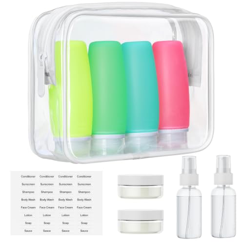 PACKISM TSA Approved Toiletry Bag with Bottles - 3.4 oz Silicone Container - color: 9-Pack White, style: All-in-one Tsa Kit (Bottles + Bag)