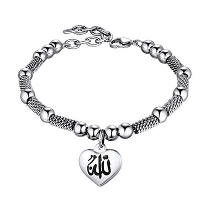 PROSTEEL Allah Bracelet, Muslim Islamic Jewelry Religious Islam Arabic God Charm Stainless Steel Beads Chain Bracelet, fits wrist from 5.9'' to 7.9'', Come with Box - color: 01 silver-allah heart
