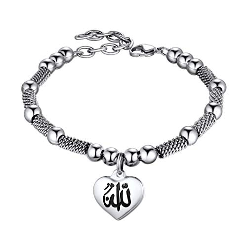 PROSTEEL Allah Bracelet, Muslim Islamic Jewelry Religious Islam Arabic God Charm Stainless Steel Beads Chain Bracelet, fits wrist from 5.9'' to 7.9'', Come with Box - color: 01 silver-allah heart